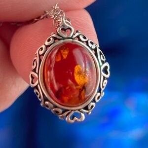 Vintage 90s Sterling Silver and Baltic Amber Necklace Dainty Minimalist Filigree